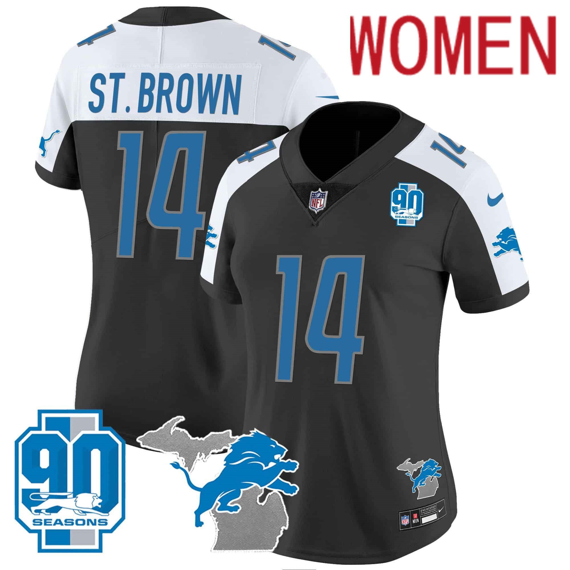 Women Detroit Lions #14 ST Brown Black 2024 Nike 90th Year Michigan Patch Vapor NFL Jersey->customized nfl jersey->Custom Jersey